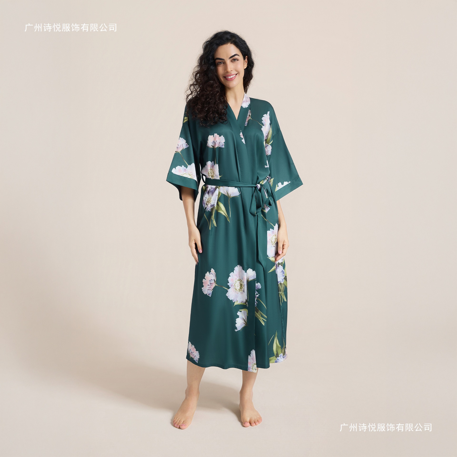 缎面印花睡衣女夏大码轻奢七分袖凉感长款睡袍家居服女2669