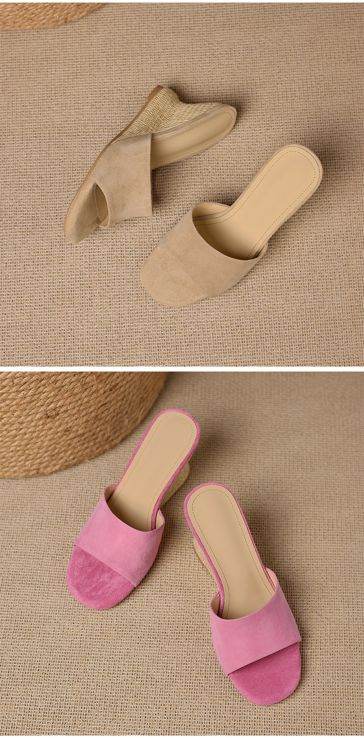 Dép sandal nữ quai ngang gót xuồng cao 9 cm, mũi hở, chất liệu da lộn giả cừu — Hồng, Màu hạnh- chi tiết 13