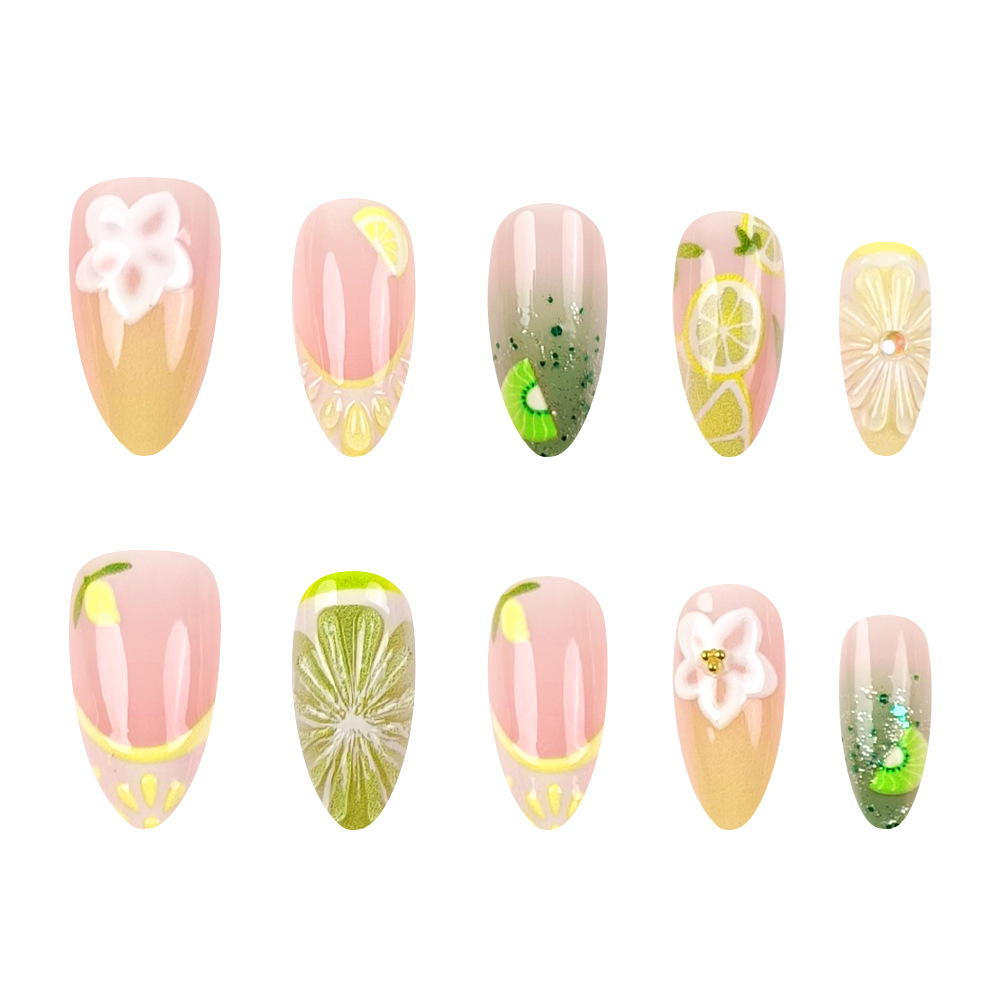 3D flor de limón estereoscópica francesa de verano de uñas suaves frescas ins 24 piezas de uñas falsas mezcladas