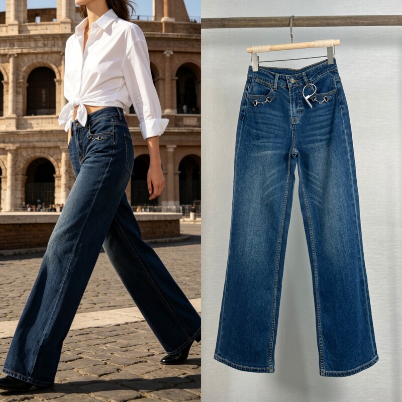 G Brand European and American Style Metal Buckle Retro Loose Straight-Leg Jeans for Women 2026 Autumn High-Waisted Slimming Low-Stretch Wide-Leg Pants