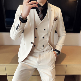 2025 New Men's Korean Style Suit Three-Piece British Pure Color Small Suit Boys Slim Groom Dress Suit