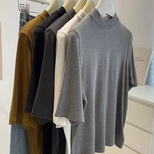 Korean Dongdaemun plus-size women's high-neck thick cashmere short-sleeved T-shirt for early spring and autumn, suitable as an inner layer or base layer top.