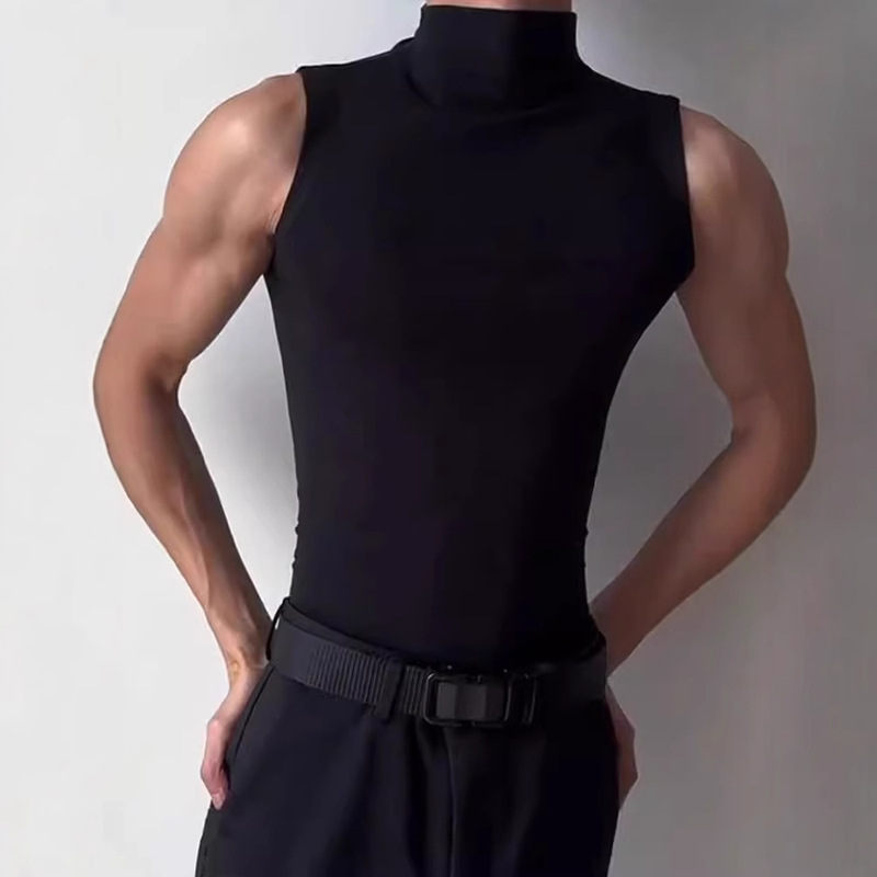Muscular Men's Fitness Training Clothes Pure Color Breathable Bottoming Sports Sleeveless T-Shirt High Collar Elastic Quick-Drying Running Vest