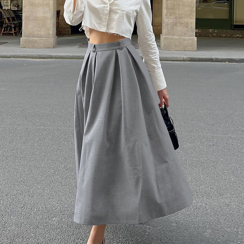 2024秋季气质法式A字半身裙女时尚高腰灰色西装裙中长款外贸女装