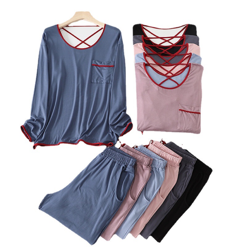 Special Offer Modal Pajamas Women's Home Clothes Spring & Fall Large Size Round Neck Purple Edge Beautiful Back Long-Sleeved Pants Suit