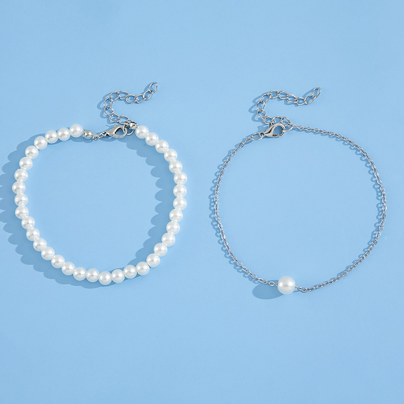 European and American fashion simple double layered pearl anklet two-piece set