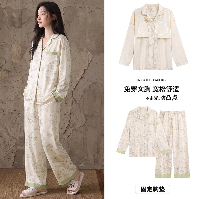 Women's pajamas with chest pads, 7A class antibacterial, 100% pure cotton, long-sleeved, collared, suitable for spring and autumn, can be worn outside, all-cotton home wear