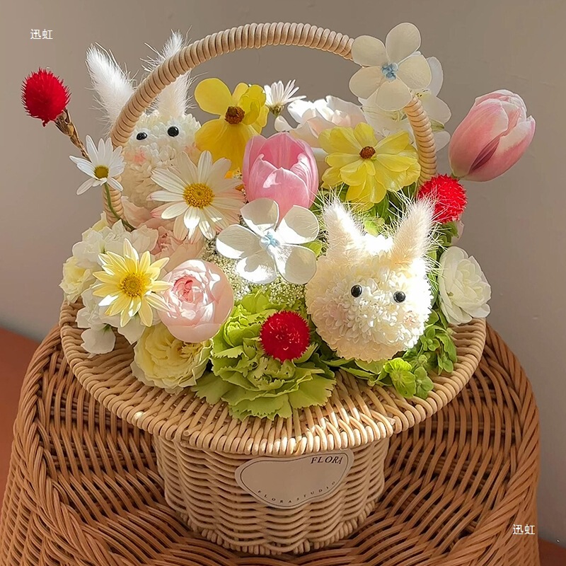Eternal Flower Bunny Ear Basket Doll Bouquet Gift for Best Friend Girlfriend Soap Flower Qixi Birthday Gift Eternal Flower Bunny Ear Basket Doll Bouquet Gift for Best Friend Girlfriend Soap Flower Qixi Birthday Gift