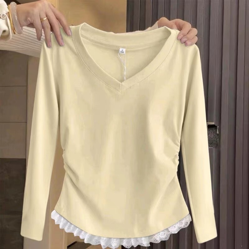 【92% Cotton, 8% Spandex + Back Collar】Lace Trim Deep V-Neck Regular Shoulder Base Shirt T-Shirt for Women, Autumn Slim-Fit Short Top 【92% Cotton, 8% Spandex + Back Collar】Lace Trim Deep V-Neck Regular Shoulder Base Shirt T-Shirt for Women, Autumn Slim-Fit Short Top