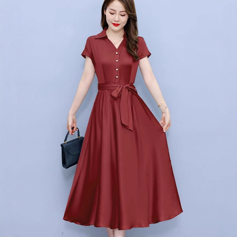 Women's 5365 Acetate Satin Short Sleeve Dress New Petite French Elegant Long Purple Dress