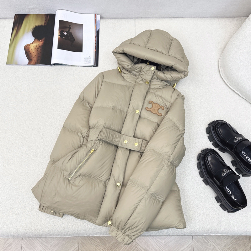 Ce25 Autumn and Winter New Arc De Triomphe Logo Stand Collar Elastic Belt Hooded Waistband down Jacket