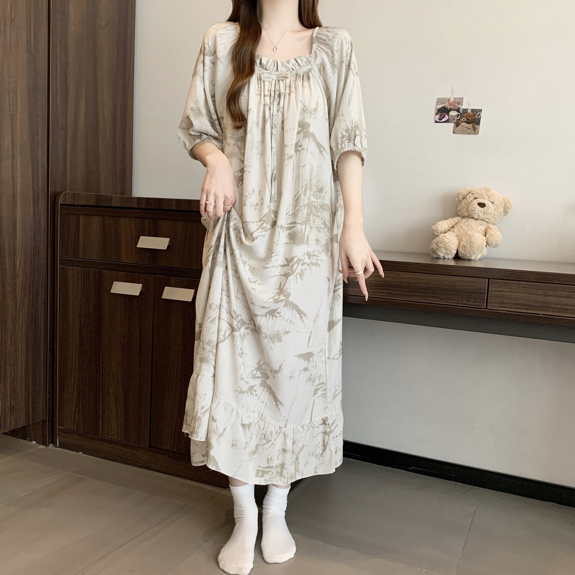 Yaoting pijamas de verano mujeres primavera y otoño encantador impresión suelta vestido larga larga larga ropa de hogar de mangas cortas HDF5291