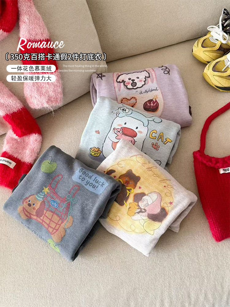 [en stock] camiseta de mangas largas de niñas invierno 25 nuevo estilo coreano de niñas falsas dos piezas de chaqueta de aire extranjero más terciopelo 350g