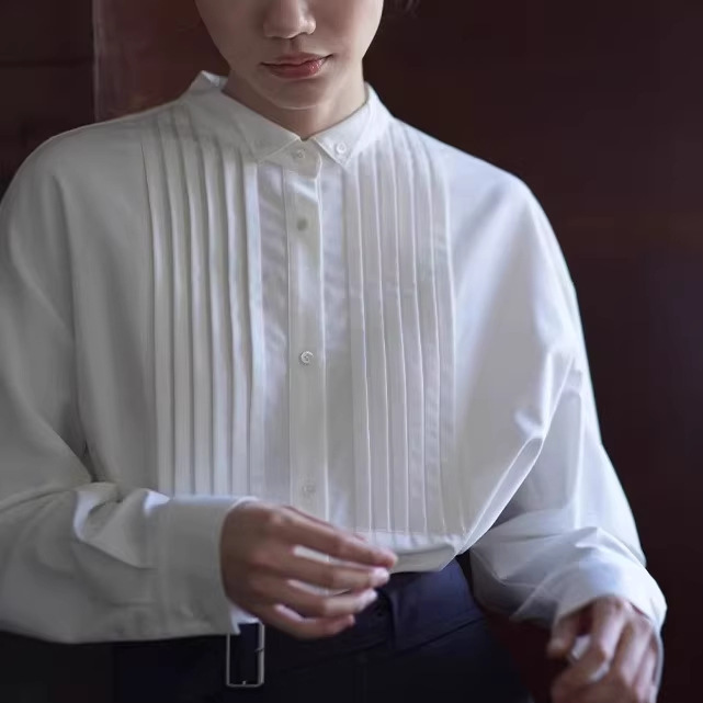 Retro Style Small Lapel Exquisite Tuck-Stitch Placket Classic H-Shaped Slimming Commuter Shirt for Women