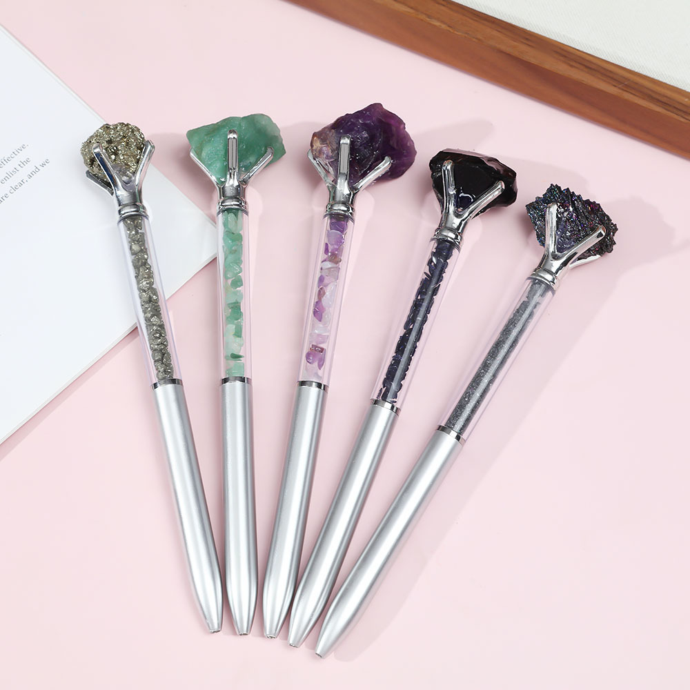 Estudiantes de escritura de cristal natural piedra crudo lápiz de escritura papelería arena flotante lápiz de bola de alta calidad regalos publicidad lápiz de firma