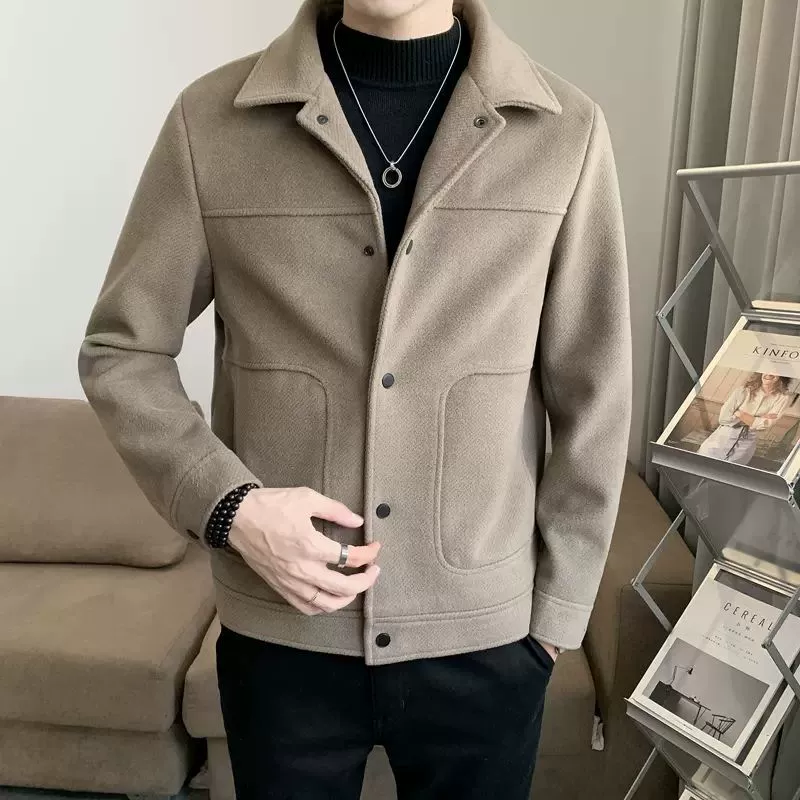 Трендовая короткая мужская шерстяная Autumn демисезонная куртка с начесом, Slim Fit, коллекция 2023, корейский стиль