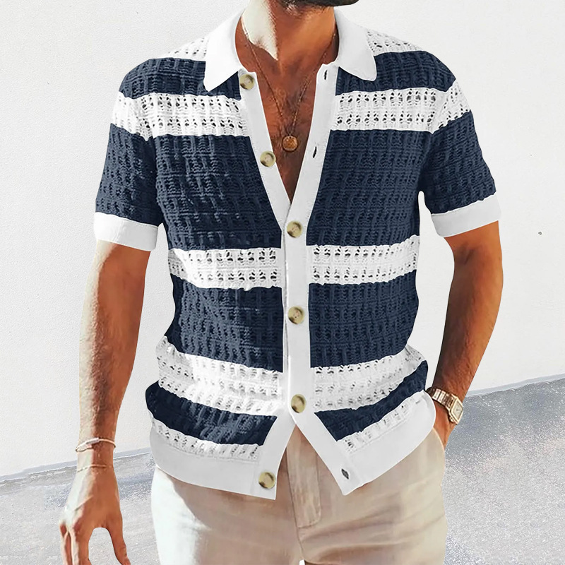 Men's Knit Shirt With Turn-down Collar And Color Block Design_voghion.com