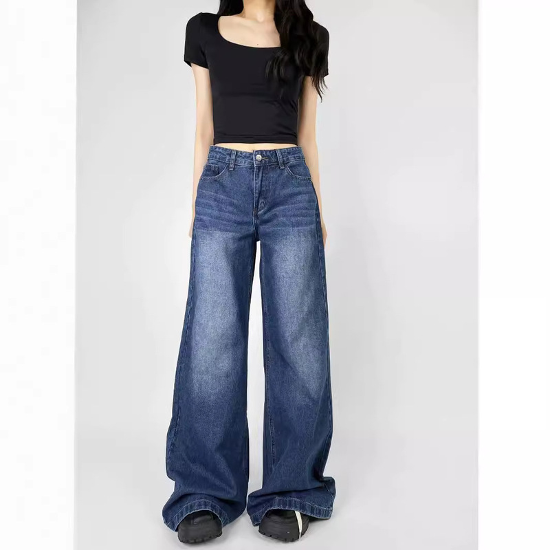 Hot Girl Low-rise Wide-leg Jeans Women's 2024 Summer New American Style Boyfriend-style Loose High-fit Micro-horn Mop Pants