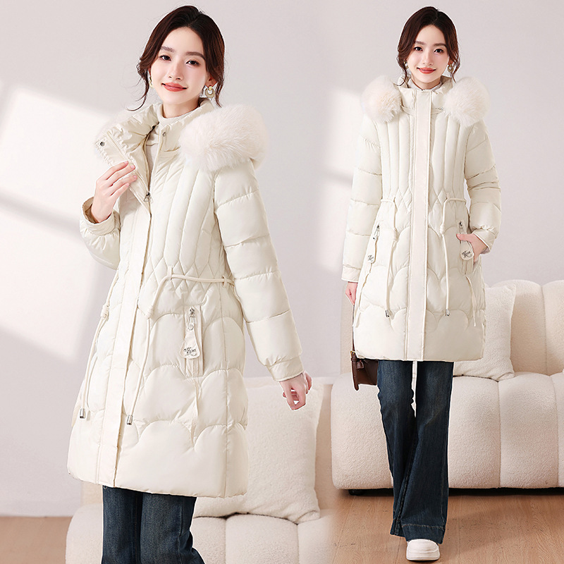 25 ropa de algodón delgada y gruesa de estilo largo y medio, abrigo de comercio exterior de mujeres, cuello de pelo grande desmontable, chaqueta de algodón cálida, pluma de algodón