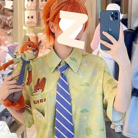 2026夏季新款印花衬衫送领带度假风短袖上衣男友风