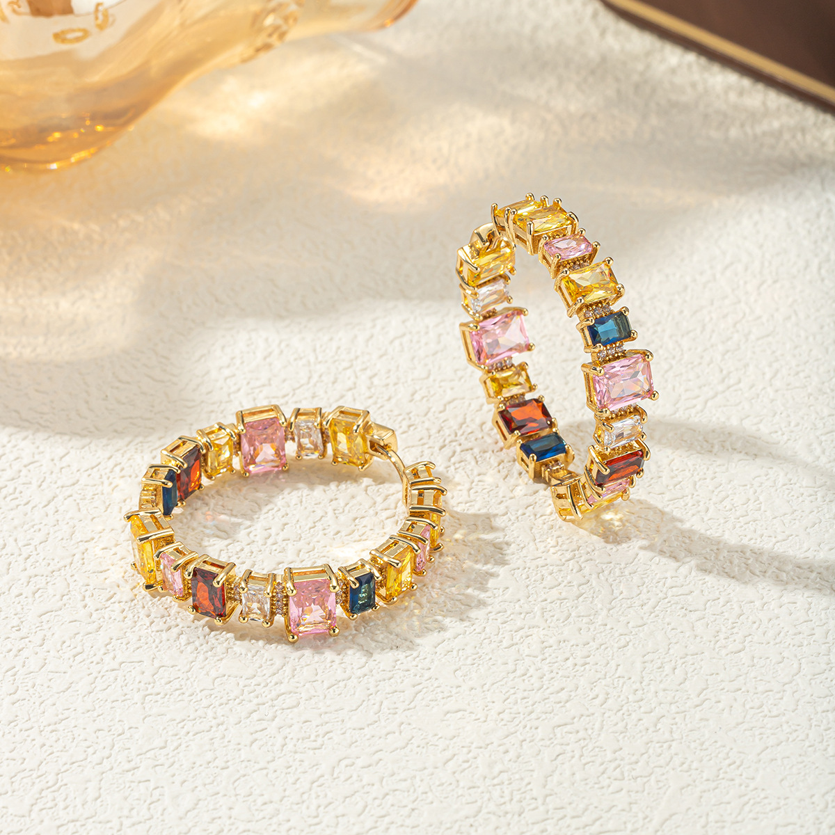 Vintage Colored Gemstone Large Hoop Earrings for Women, Square Colored Zircon Gold Earrings, Cross-Border Jewelry Wholesale Supply, Custom Sourcing