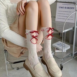 Lolita Ik Hollow Socks Women's Spring and Summer Thin Sweet Mid-Calf Socks Double-Layer Lace Bow Calf Socks
