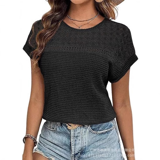 2025 Amazon European and American Foreign Trade Women's Casual Round Neck Waffe Knitted Hollow Shirt Loose Waist Top