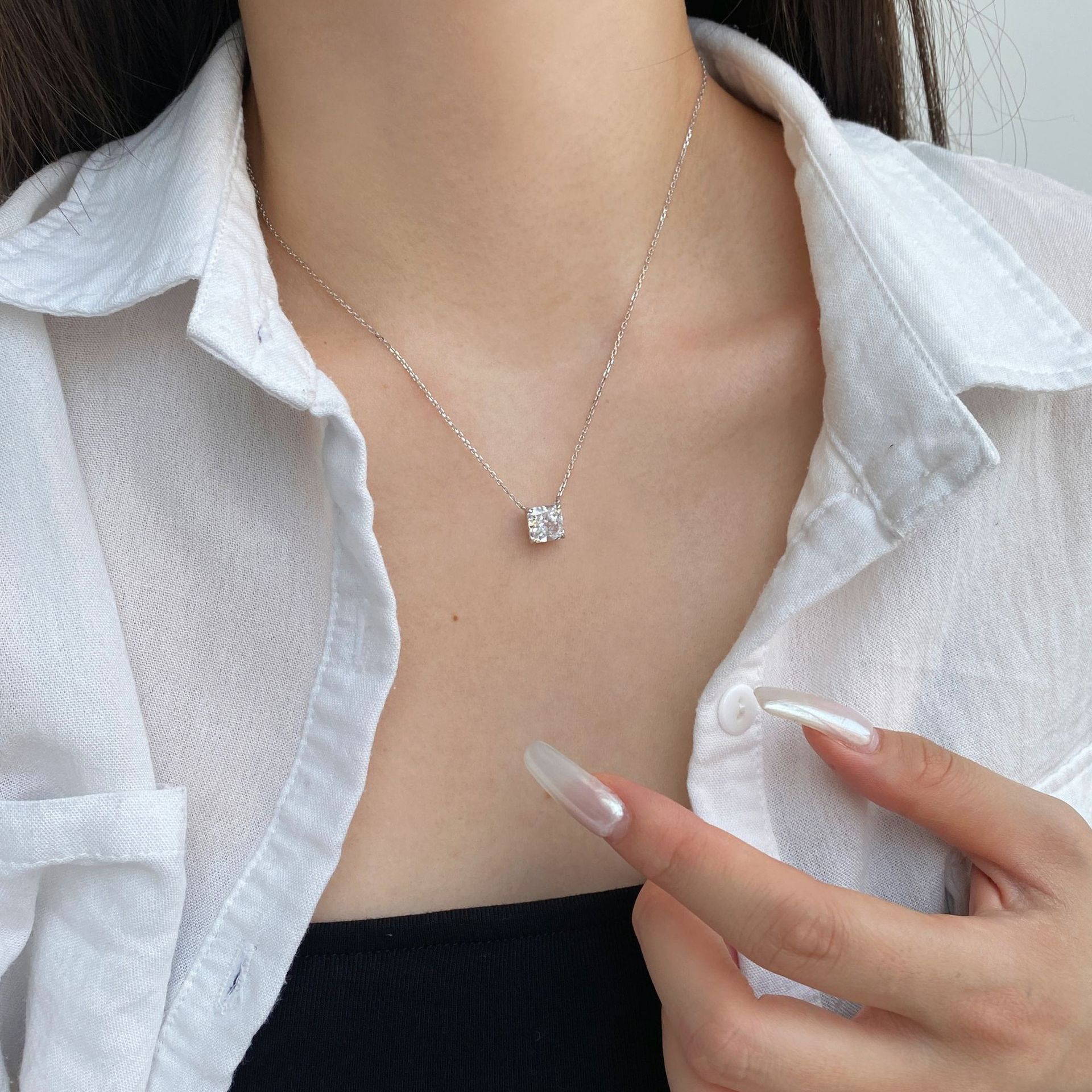 Square Pattern Women'S Gender Plating, Inlay Design 925 Sterling Silver Zircon Cable Chain Plating Inlay Square Necklace