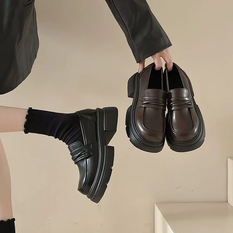 Женские кожаные туфли на толстой подошве на массивном каблуке в британском стиле 2024 в Корейском стиле, новые весенне-осенние женские слипоны, однослойные туфли, лоферы