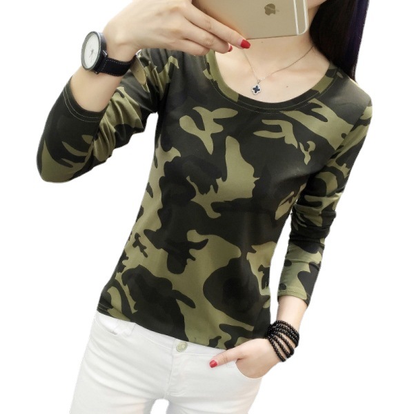 Camiseta de manga larga para mujer, venta al por mayor transfronteriza, otoño 2026, estampado de camuflaje, corte holgado, talla grande, estampado 3D moderno.