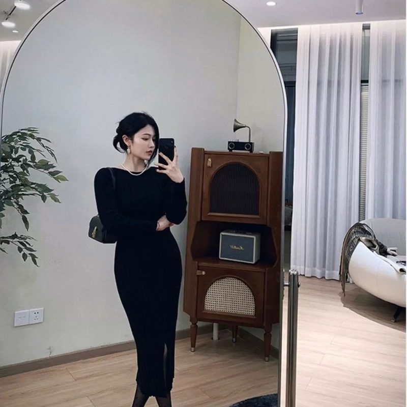 针织连衣裙女秋冬新款圆领百搭修身洋气开叉打底毛衣过膝内搭长裙|undefined