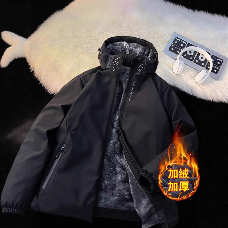 American-Style Fleece-Lined Jacket, Men's Autumn and Winter Hooded Black Outdoor Large-Size Waterproof and Windproof Casual Workwear Coat