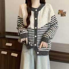 秋冬穿搭撞色条纹圆领开衫毛衣外套女秋冬奶fufu慵懒针织女装上衣
