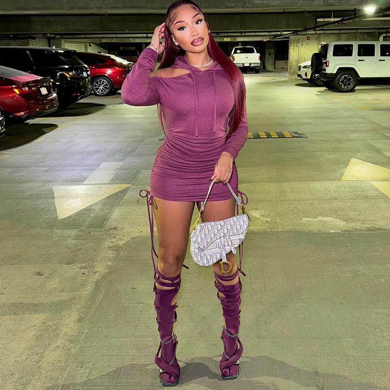 Autumn Solid Color Slim off the Shoulder Drawstring Dress Women 8 Autumn Solid Color Slim off the Shoulder Drawstring Dress Women