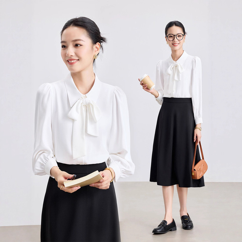 White Bow Shirt Women's High-End Long-Sleeved College Student Teaching Interview Wear Formal Women's Shirt Suit