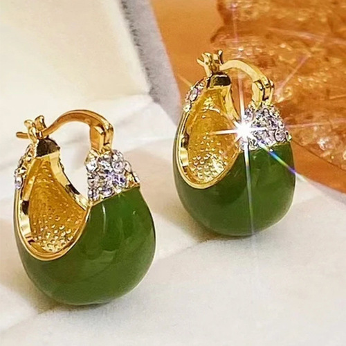 Elegant Green Oil-Flash Diamond Stud Earrings for Women -  New Fashion Baby Drop Hoops - Retro Earrings