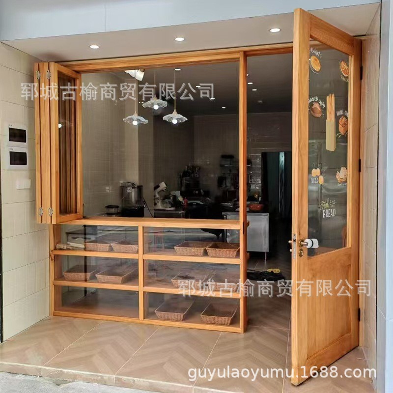 新中式老榆木门窗老榆木卧室门中古风木纹色房门民宿复古折叠窗户