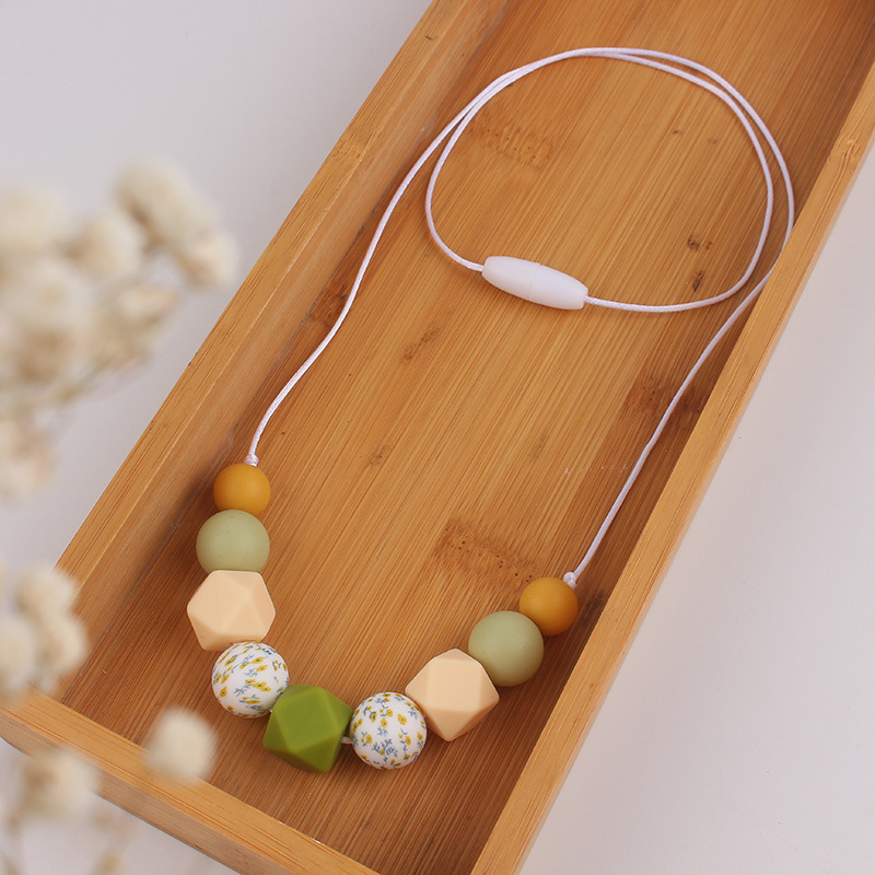 Ins Collar de mordedor para madres y bebés Juguete para bebés Collar de cuentas de silicona por transferencia de agua Collar de madre