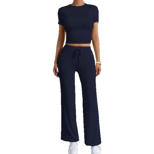 2025 Spring Cross-Border Women's Amazon Best-Selling Solid Color Pants Short-Sleeve Casual Fashion Two-Piece Set