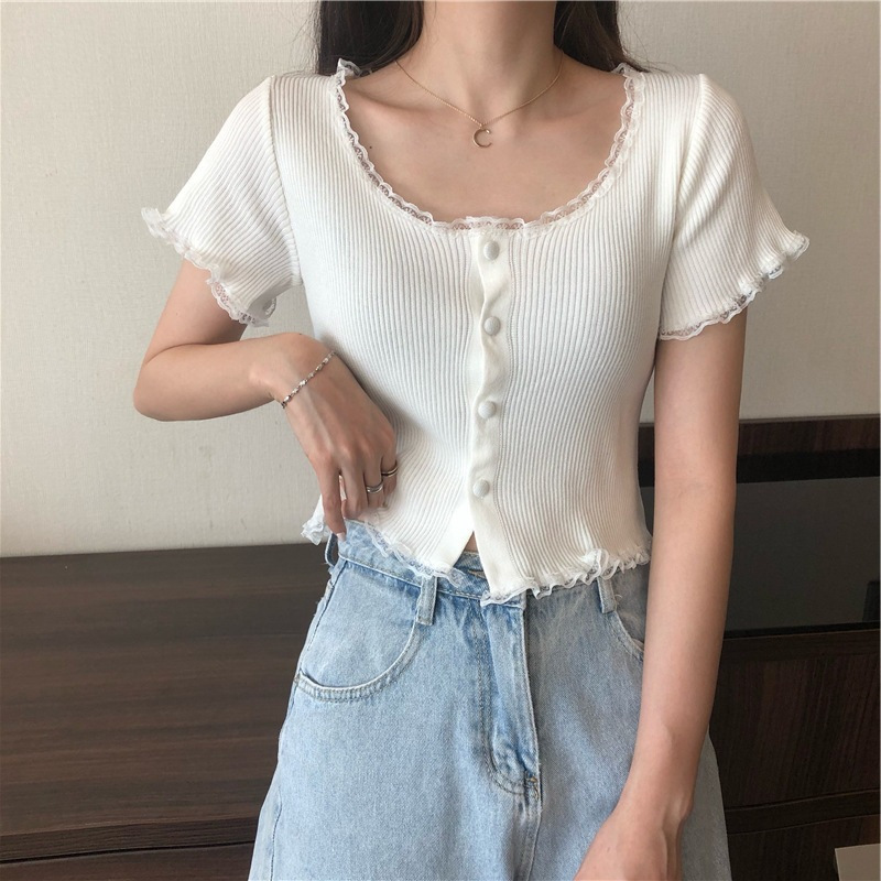 2025 New Summer Style Sweet Lace Splicing Slimming Short-Sleeved Sweater Tops for Women