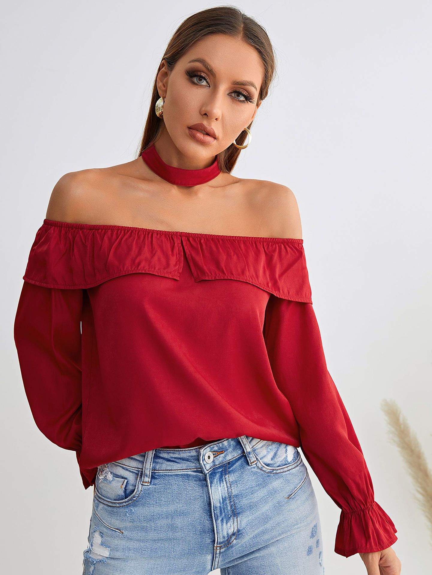 long sleeve floral print/solid color one-word off-shoulder shirt slim top NSHNF137562