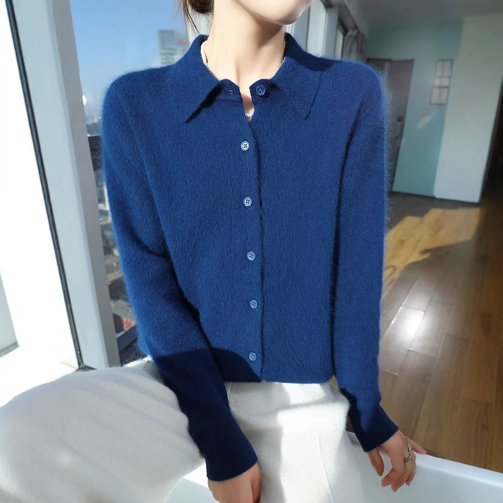 2025 весна и осень новая норковая шерстяная рубашка женский POLO воротник тонкая тонкая нижняя рубашка стиль кардиган вязаный свитер куртка