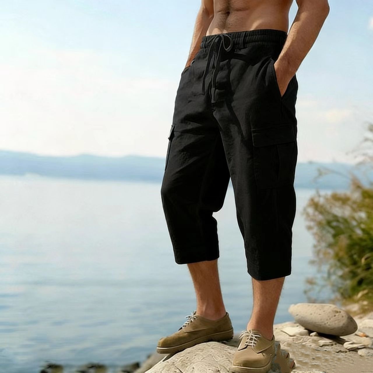 Men's Linen Cargo Pants All Season Thin Multiple Pockets Loose Casual Wide Leg Capri Pants_viptrois.com