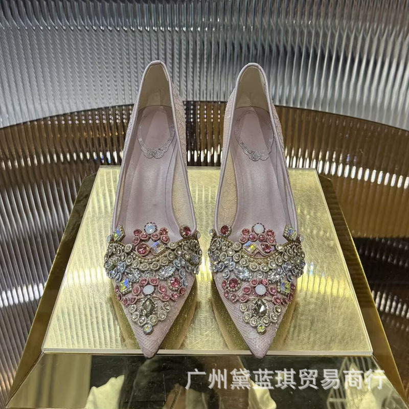 rc宝石尖头高跟鞋女真皮气质后绊带网纱单鞋细跟浅口秀禾伴娘婚鞋|undefined