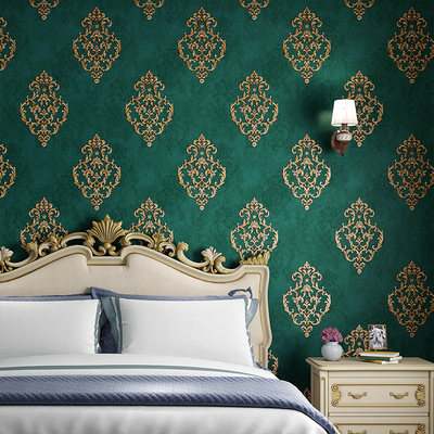 墨綠色3D歐式浮雕牆紙 臥室客廳背景牆酒店 時尚大氣家用自粘壁紙