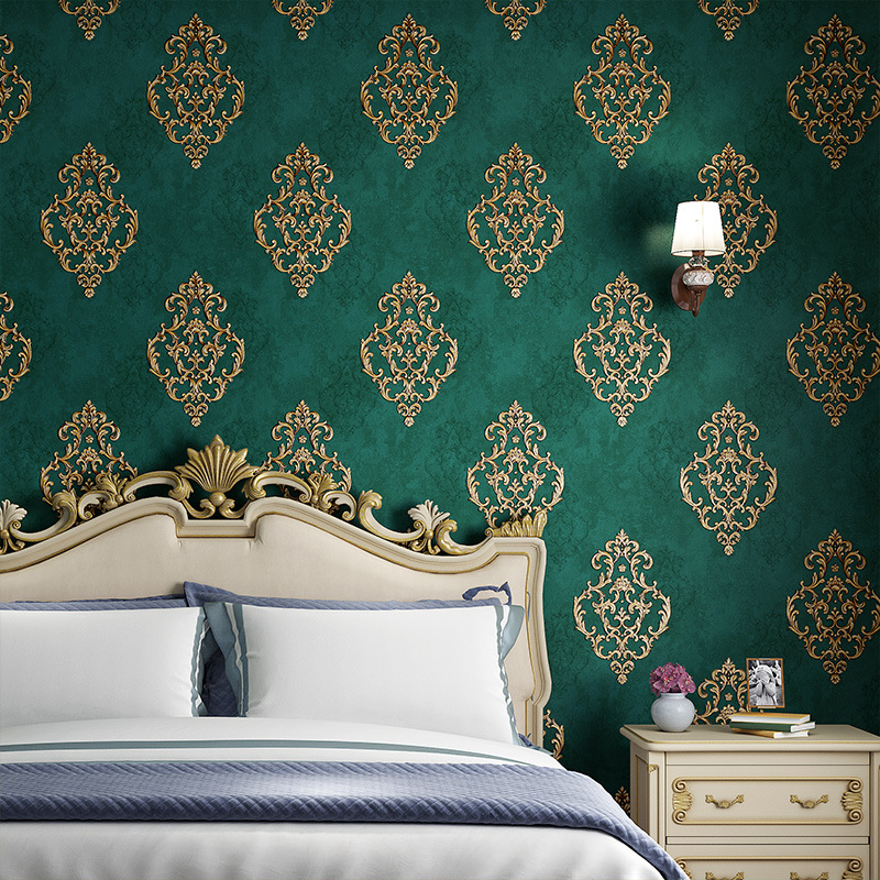 墨綠色3D歐式浮雕牆紙 臥室客廳背景牆酒店 時尚大氣家用自粘壁紙