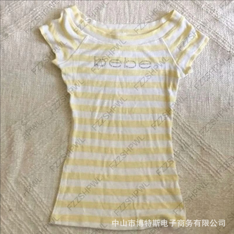 Y2K Cross-Border New European and American Style Fresh and Energetic Yellow and White Striped Slim-Fit Slimming Top for Daily Commuting Short-Sleeve T-Shirt