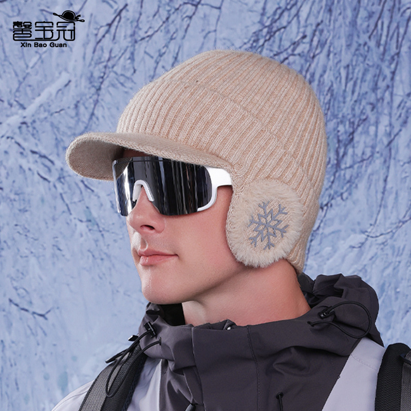 冬季护耳鸭舌包头帽子户外骑行加绒毛线帽男士防寒保暖针织棒球帽