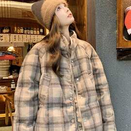 大码超好看复古格子短款宽松棉服女秋冬季新款加厚保暖面包服外套