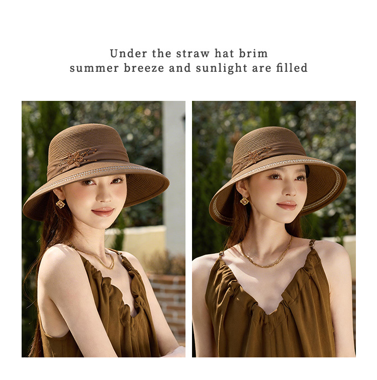 Mũ rộng vành nữ đi biển chất liệu rơm dệt chống nắng có dây ruy băng — màu be chi tiết 7